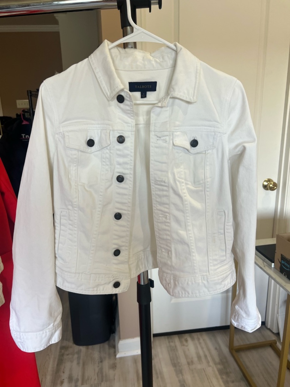 Talbots White Denim Jean Jacket with Contrast Black Buttons